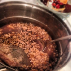 Pau D'arco tea bag brewing with my oatmeal. (I pulled the muslin bag out of the water for the photo op!)